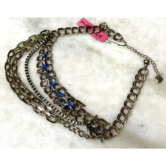 Betsy Johnson SWALLOW BIRD BLUE Pendant Gold Color Necklace Multi Chain Woven - Picture 5 of 8